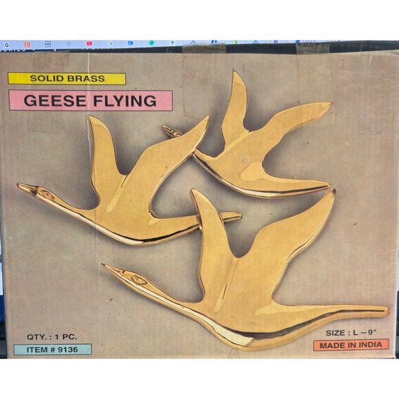 Vintage MCM Solid Brass Geese Flying Wall Decor 9" Made In India New in Box - Picture 1 of 4